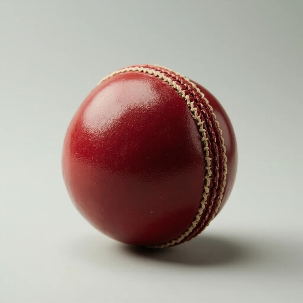 A red leather cricket ball with a raised six-stitch seam on a pale studio surface