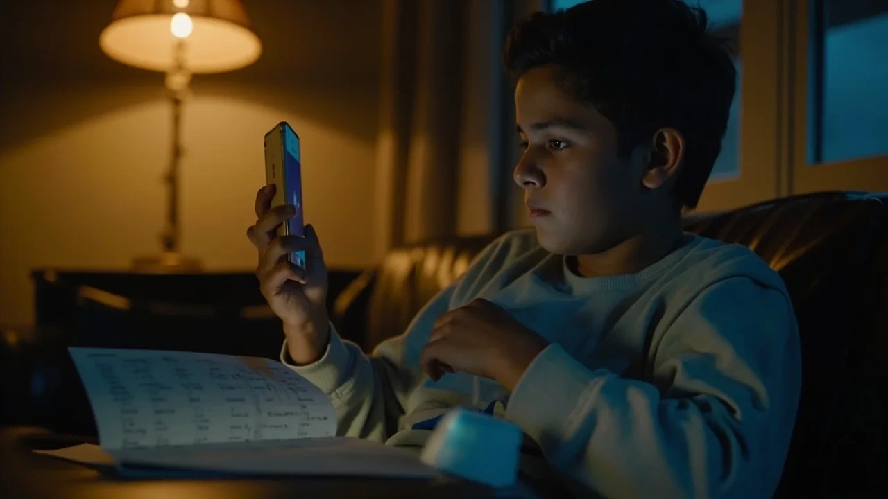 A young adult makes a fantasy cricket team decision in a warm indoor setting