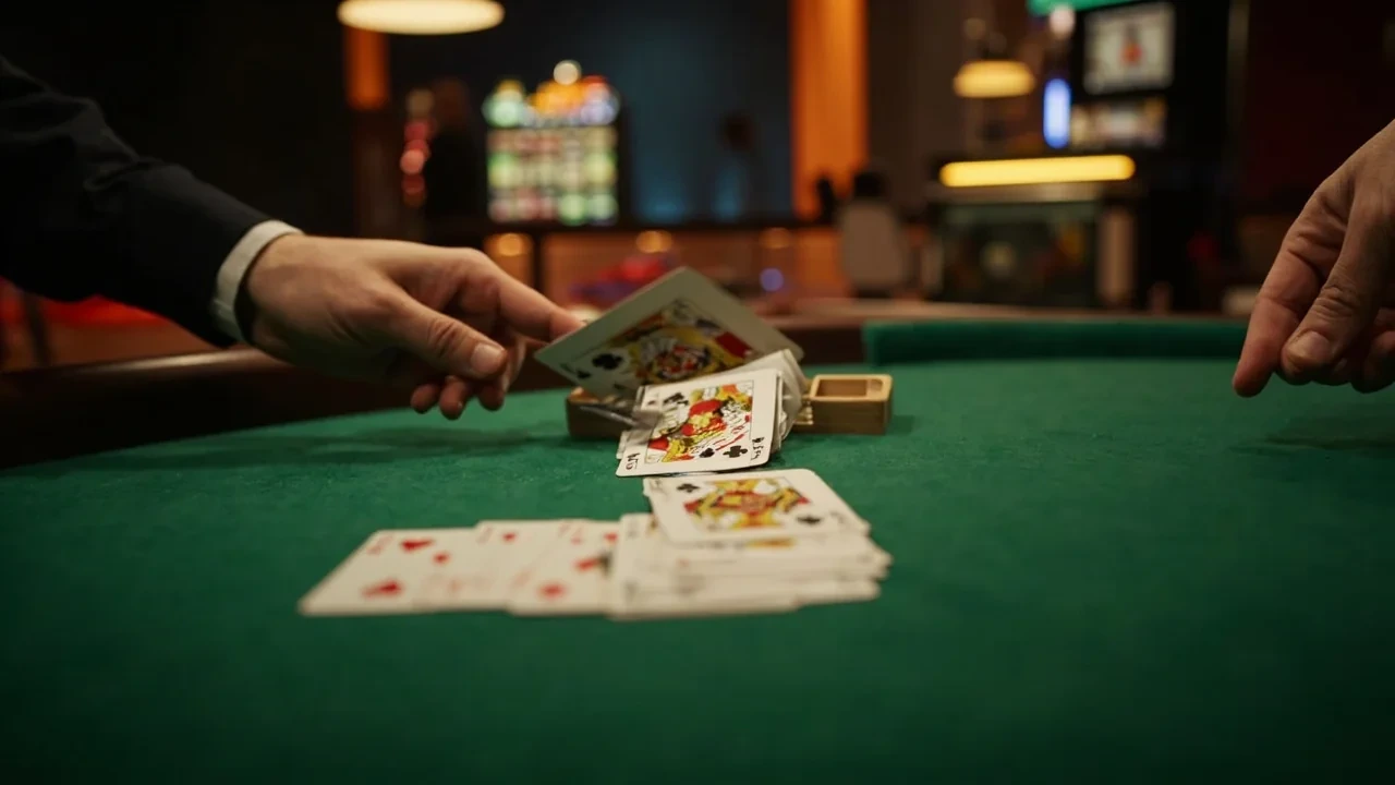 Premium tabletop rummy hand on a green baize surface